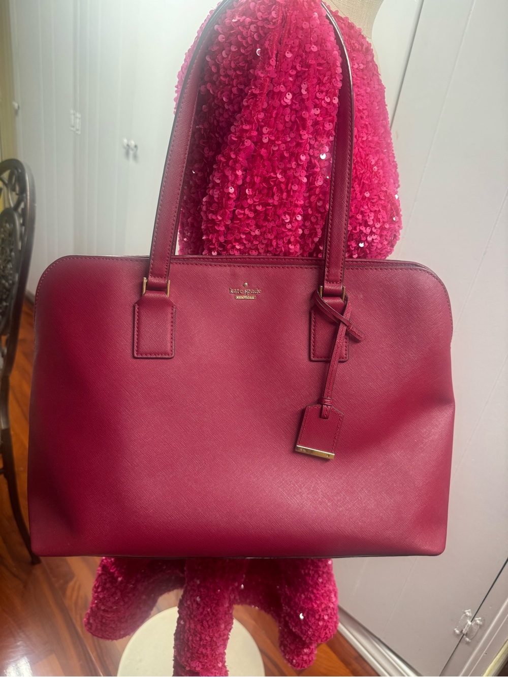 kate spade magenta leather tote with gold hardware